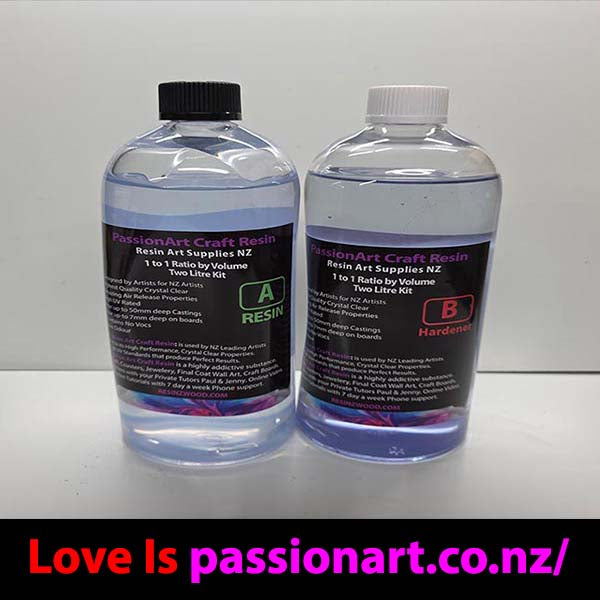 Two bottles of resin and hardener with labels on a white background, featuring 'PassionArt Craft Resin'.