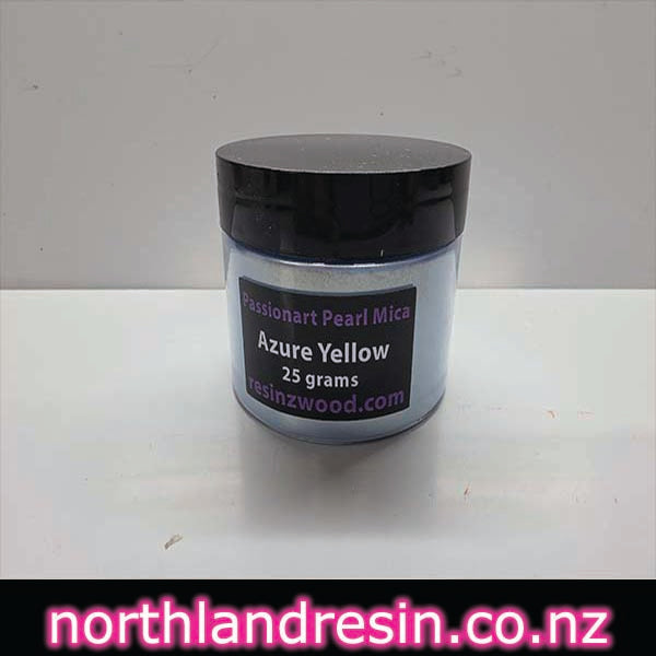 Jar of azure yellow pearl mica on a white background with 'northlandresin.co.nz' text.
