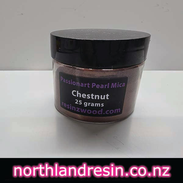 Jar of Passionist Pearl Mica Chestnut on a white background with 'northlandresin.co.nz' text.