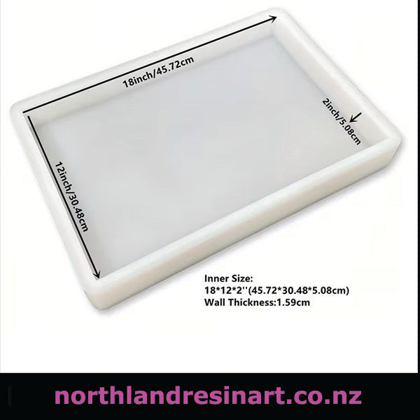 Rectangular white tray with measurements on a white background, featuring 'northlandresinart.co.nz' branding.