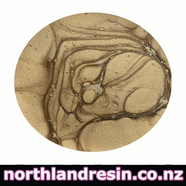 Close-up Copper passion resin paste of a textured material with 'northlandresin.co.nz' branding at the bottom.