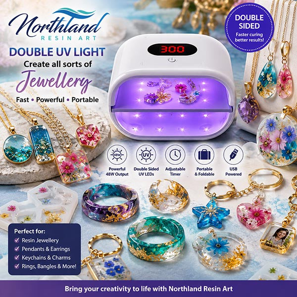 Northland Resin Art double UV light jewelry maker shown with colorful resin flowers and embedded jewelry pieces, surrounded by examples of pendant, ring, and keychain creations on a styled background with product text callouts.