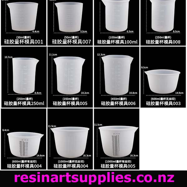 Set of silicone cup molds with measurements and dimensions on a black background, branded 'resinartsupplies.co.nz'.