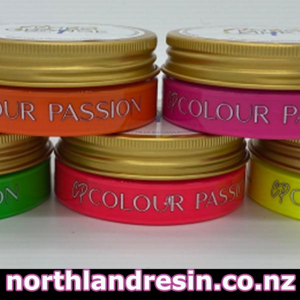 Jars of 'Fluro resin paste Colour Passion' resin from Northland Resin on a white background