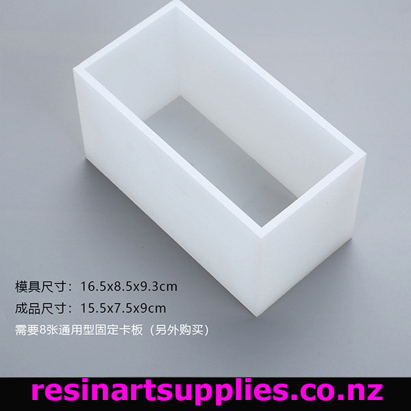White rectangular silicone mold on a gray background with dimensions and Resin Art Supplies branding.