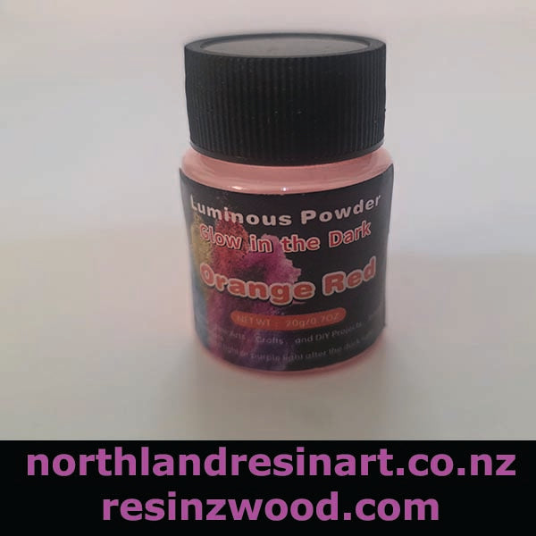 Jar of Luminous Powder with 'Glow in the Dark Orange Red' label on a white background