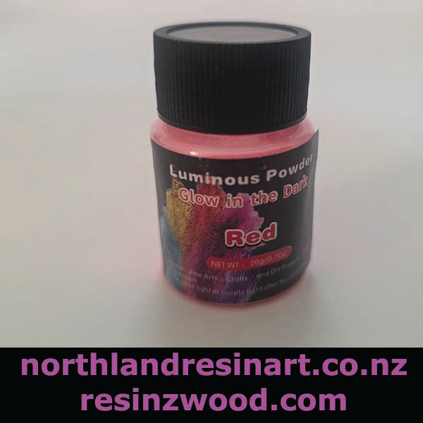 Bottle of Luminous Powder Glow in the Dark Red on a white background with branding text.
