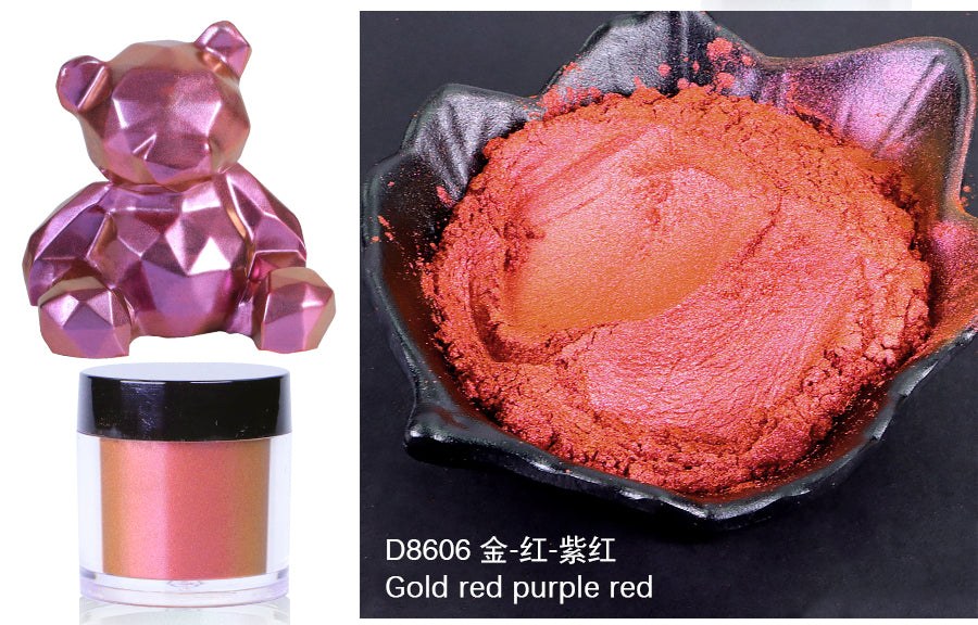 Pink teddy bear-shaped container with makeup powder and a close-up of the powder in a dish.