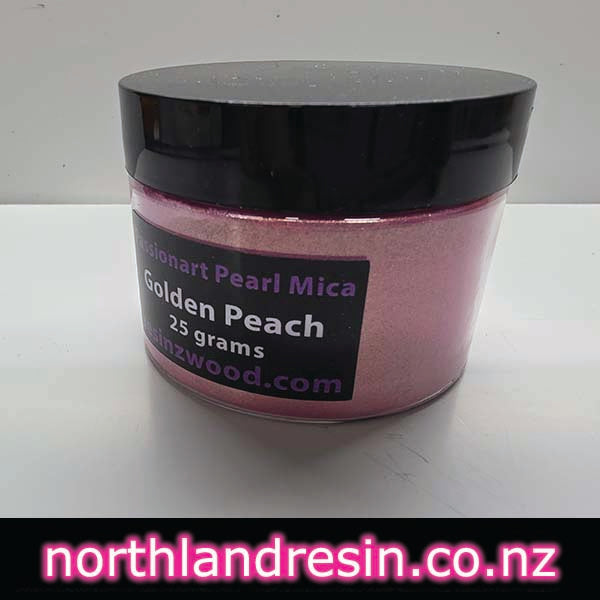 Jar of Golden Peach pearl mica powder with a black lid on a white background, featuring the brand 'northlandresin.co.nz'.