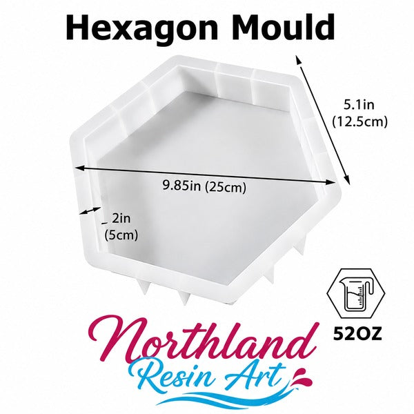 White hexagonal resin mold shown on a white background with dimension arrows and text indicating 9.85 in (25 cm) across the base, 5.