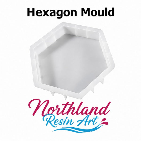 A white hexagonal resin mold shown on a plain white background with the text 'Hexagon Mould' at the top and the 'Northland Resin Art' logo at the bottom.