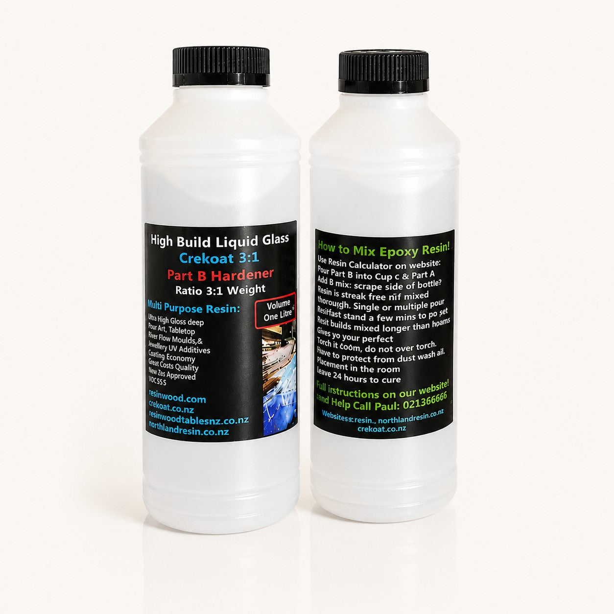 Two white plastic bottles of Resin 3:1 High Build Liquid Glass Crekoat 3:1 Part B Hardener and How To Mix Epoxy Resin, shown from front and back views on a white background.