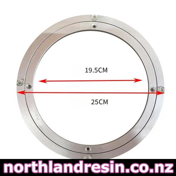 A circular silver metal ring with red arrows and text showing dimensions 19.5CM and 25CM, on a white background with a northlandresin.