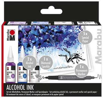 Marabu Alcohol Ink set packaging with ink bottles and tools on a black background
