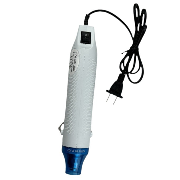 A white handheld Heat Gun with a blue head, a black power switch, and a black power cord, shown on a plain white background.
