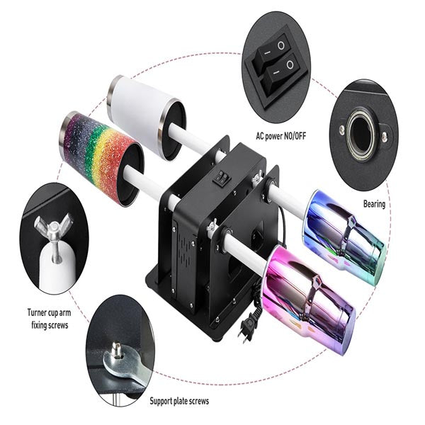 A black rotary DC motor brushless drive unit with colorful rainbow and holographic acrylic cups, shown with labeled callout circles for power switch, bearing, Turner cup arm fixing screws, support plate screws, and AC power N0/ON/OFF.