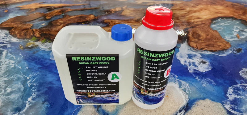 Two bottles of Resinzwood resin on a textured surface with blue and brown tones.