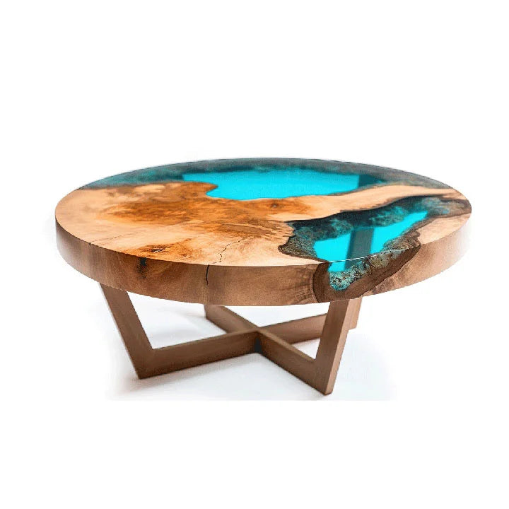 Decorative round table with ocean design and wood finish on a black background