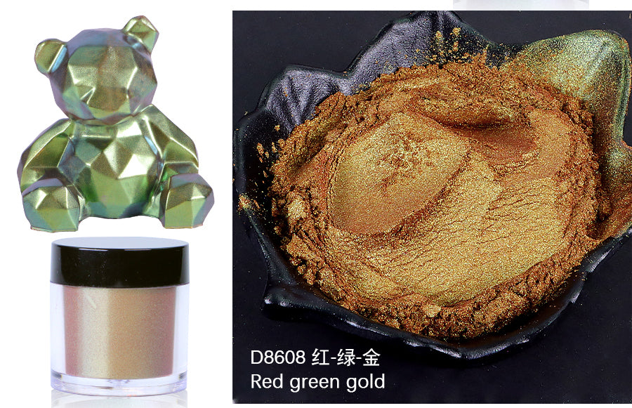 Cosmetic product with a green geometric design and gold color swatch on a black background.