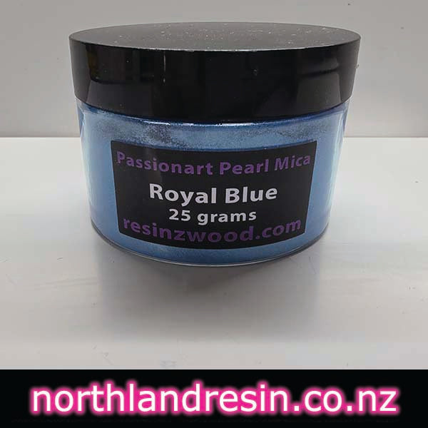 Jar of Royal Blue Passionart Pearl Mica on a white background with 'northlandresin.co.nz' text.