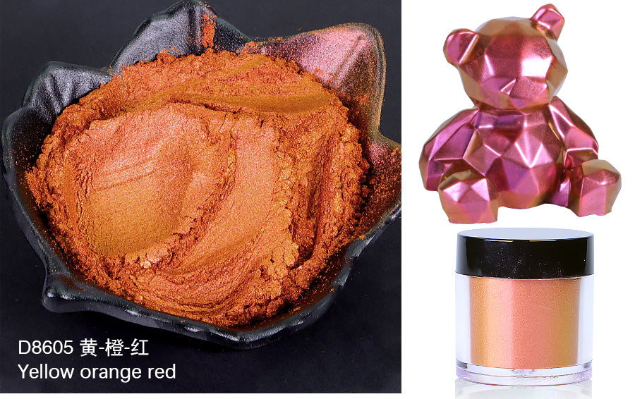 Color sample with 'Yellow orange red' label and a pink teddy bear with geometric design.