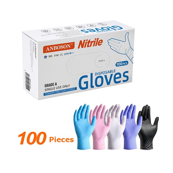 A box of ANBOSON Nitrile Disposable Gloves, 100 pieces, shown on a white background with four colored glove illustrations below (blue, pink, white, and black) and '100 Pieces' written in orange.