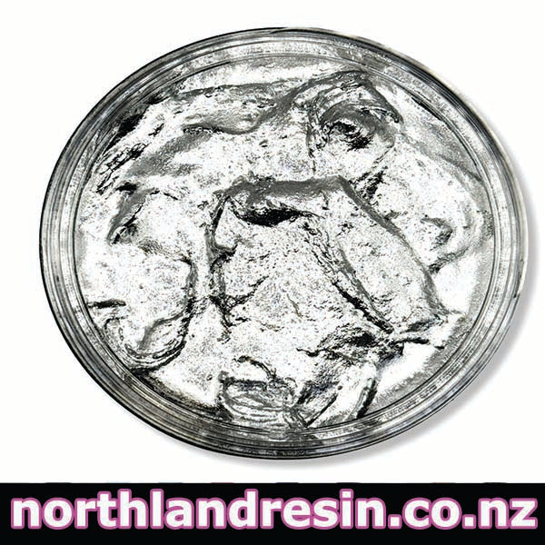 Molten Silver resin paste in a container with 'northlandresin.co.nz' branding at the bottom.