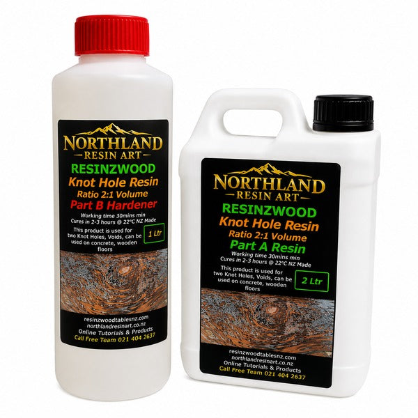 Northland Resin Art Knot Hole Resin 2:1 epoxy resin system, featuring Part A Resin and Part B Hardener. Ideal for filling knot holes, voids and cracks in timber, wood and concrete for resin art and woodworking projects.