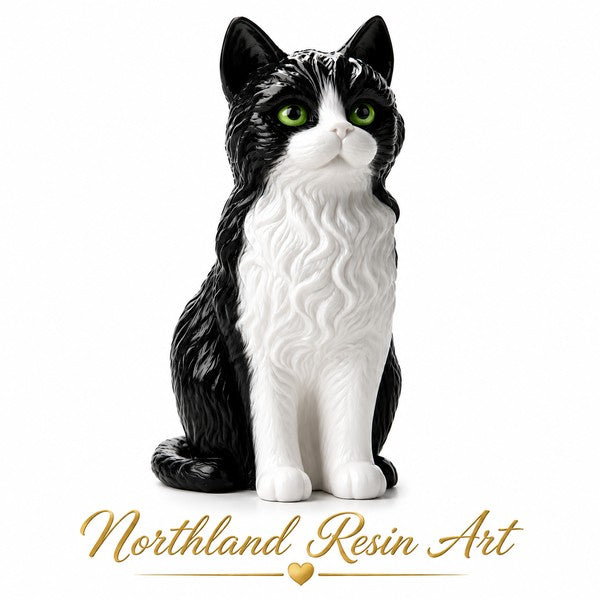 Beautiful black and white resin cat sculpture with striking green eyes, created using the Playful Cat Silicone Mould. Finished with detailed fur effects and proudly branded with Northland Resin Art in gold.