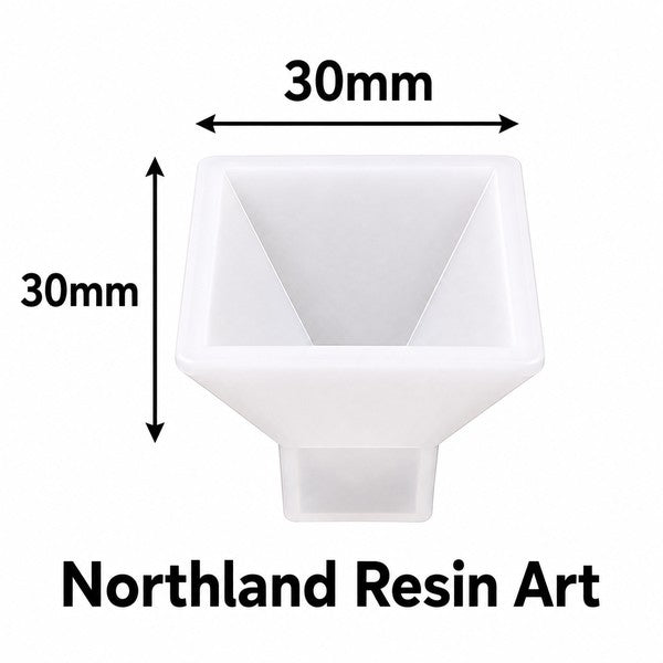 White square resin funnel with a tapered base, shown on a white background with black dimension arrows indicating 30mm width and height, and the text 'Northland Resin Art' below.