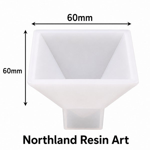 White resin funnel with dimension markings showing 60mm width and 60mm height, labeled Northland Resin Art on a white background.