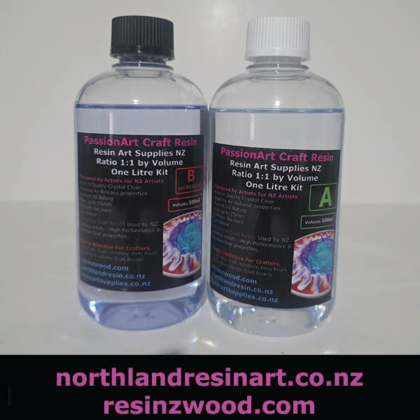 Two bottles of PassionArt Craft Resin on a light gray background with branding text.