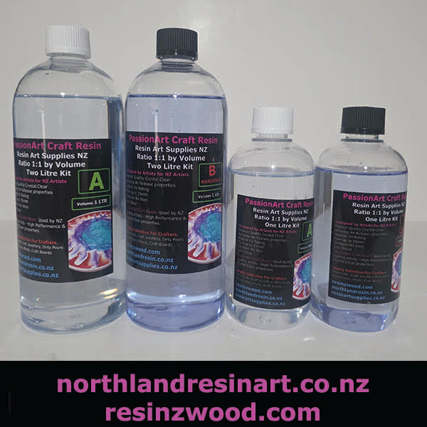 Four bottles of resin art supplies with labels on a white background, featuring the brand 'PassionArt Craft Resin'.