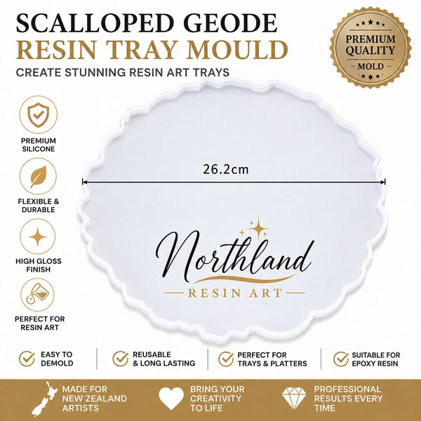 A scalloped resin tray mould by Northland Resin Art, shown on a white background with size measurement (26.2cm) and feature callouts.