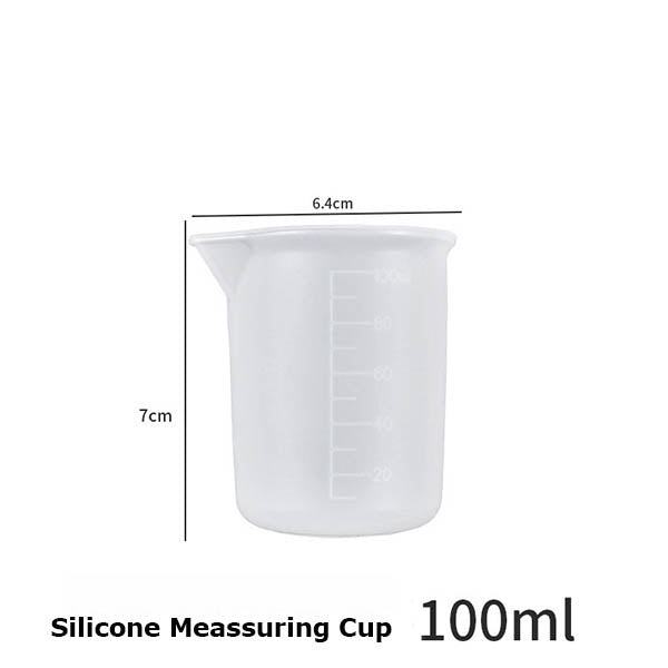 A 100ml translucent silicone measuring cup with printed measurement markings, shown with dimension lines indicating a height of 7cm and a top opening diameter of 6.4cm, on a white background with text reading 'Silicone Measuring Cup 100ml'.