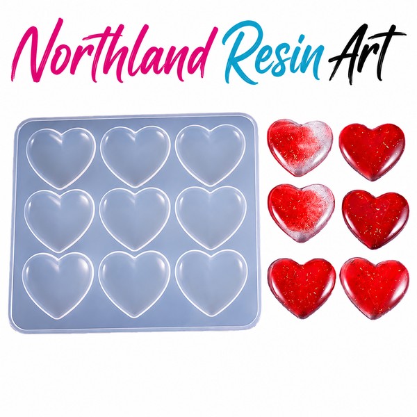 A heart-shaped resin mold tray with eight clear heart cavities shown next to six finished red glitter heart resin pieces. The top features the text 'Northland Resin Art' in pink, blue, and black script.
