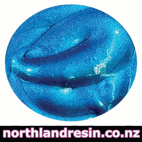 Close-up of blue Azure Metallic resin paste with 'northlandresin.co.nz' branding at the bottom.