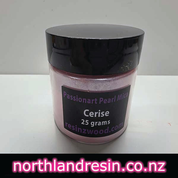 Jar of Passionart Pearl Mica in Cerise color with a black lid on a white background.