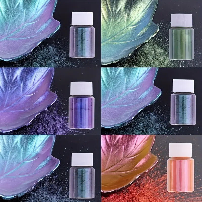 Collage of color-changing powder in small bottles with leaf-shaped containers.