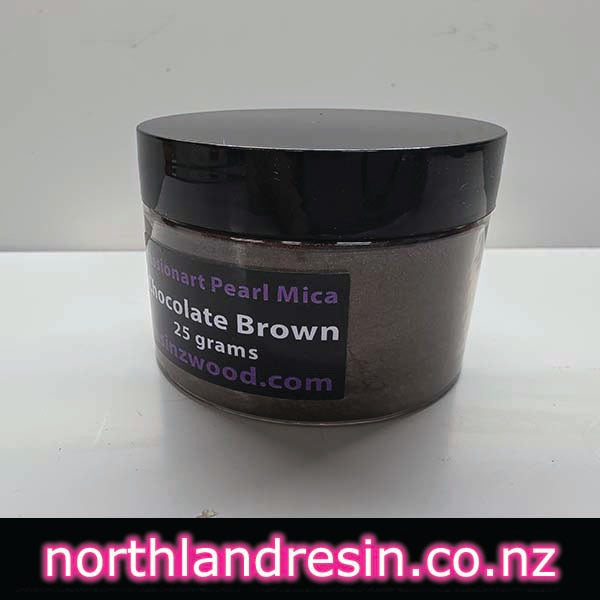 Jar of chocolate brown pearl mica on a white background with 'northlandresin.co.nz' branding.