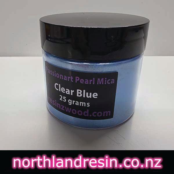 Jar of clear blue Passionart Pearl Mica on a white background with 'northlandresin.co.nz' text.