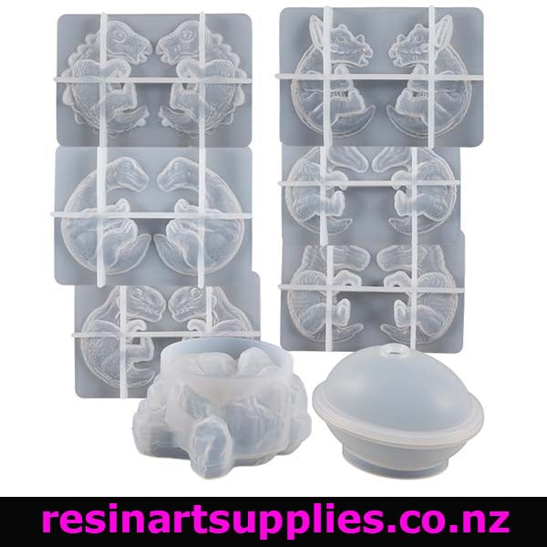 Silicone mold set with various shapes on a white background, featuring the brand 'resinartsupplies.co.nz'.