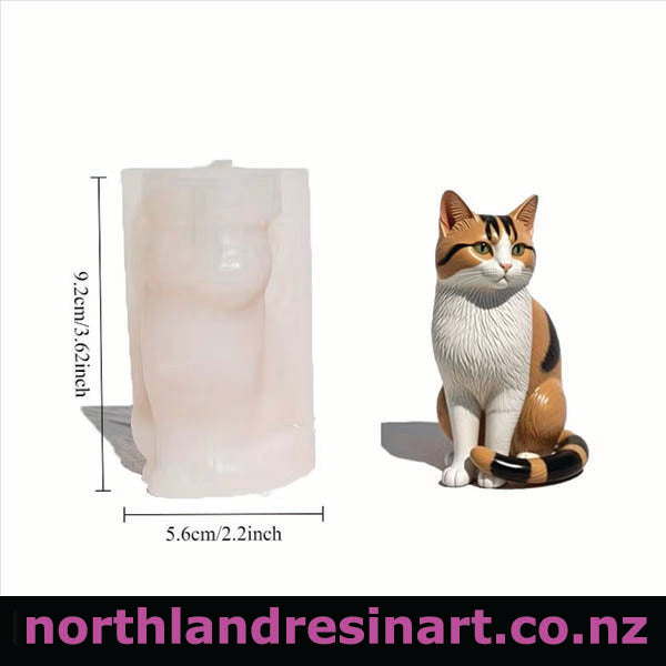 Cat-shaped resin mold with measurements and branding on a white background