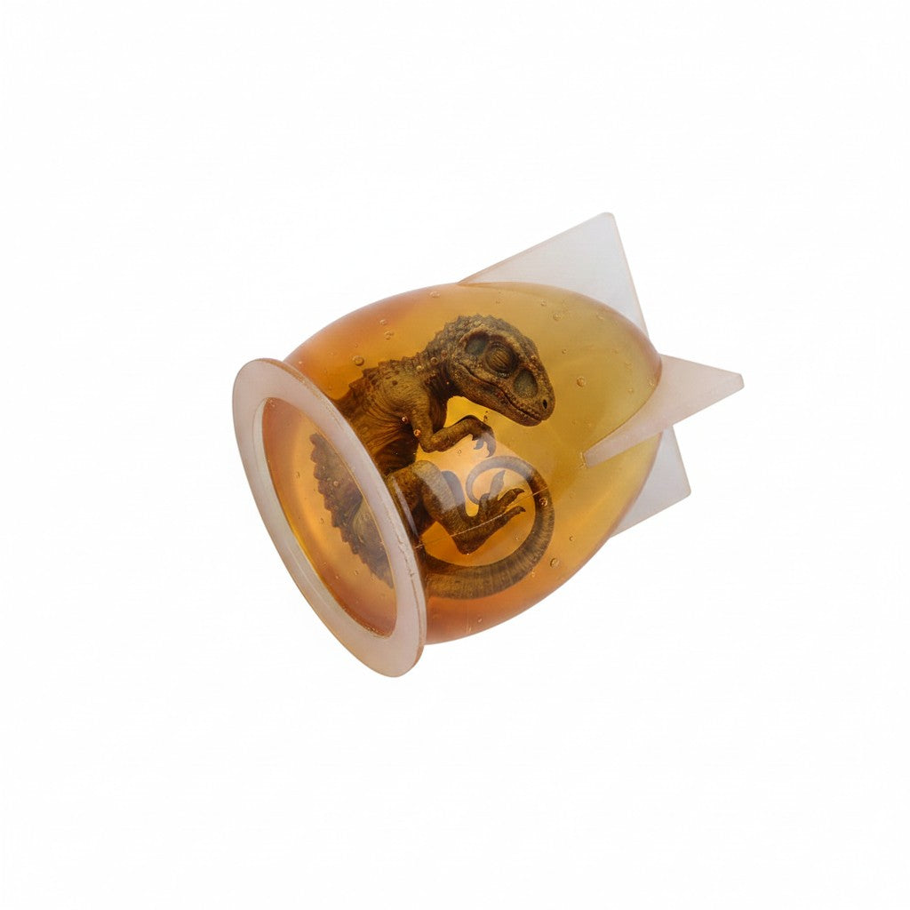 Decorative item with a dinosaur design inside an amber-colored resin mold on a white background
