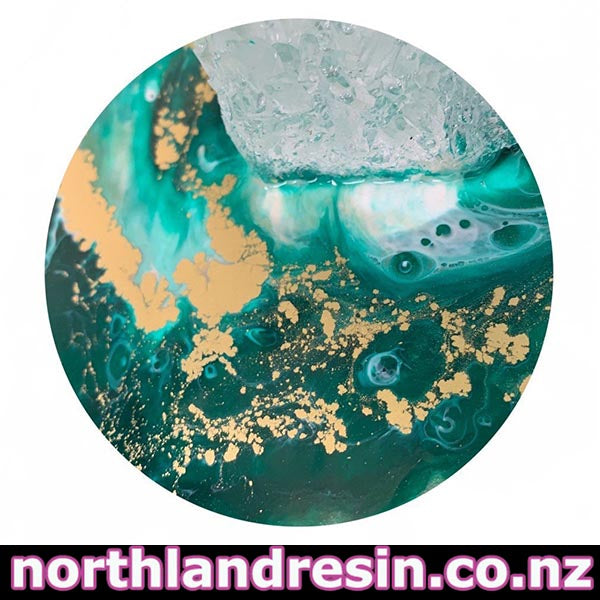 Marbled surface with gold and Emerald colors, featuring 'northlandresin.co.nz' text.