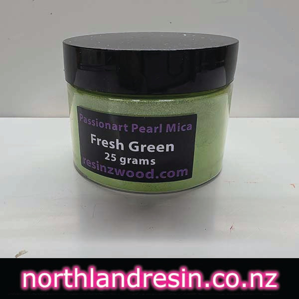 Jar of Fresh Green Passionart Pearl Mica on a white background with 'northlandresin.co.nz' text.