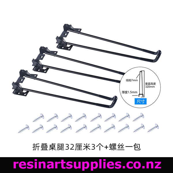 Set of black folding table legs with screws on a white background, featuring dimensions and ResinArtSupplies.co.nz branding.