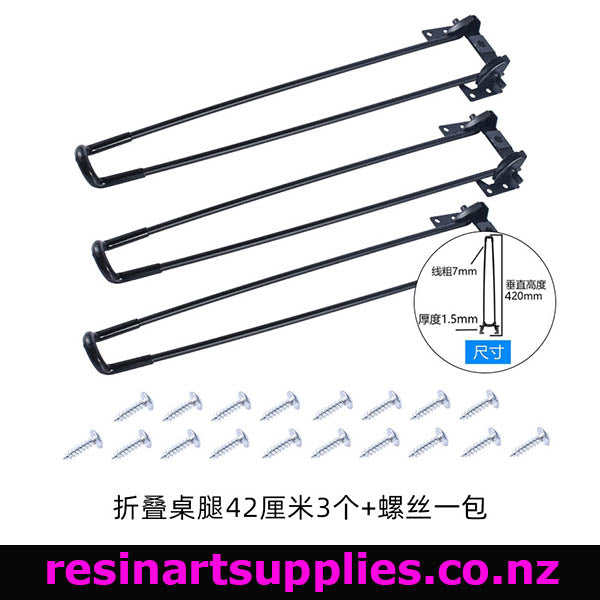 Set of black metal folding table legs with screws on a white background, featuring dimensions.