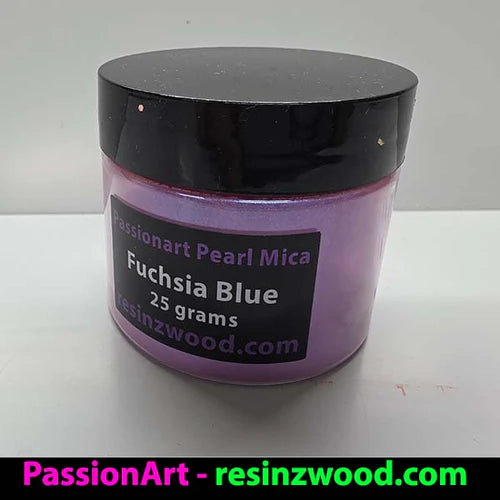 Jar of Fuchsia Blue Pearl Mica with black lid on a white surface, featuring PassionArt branding.
