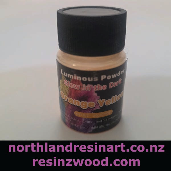 Bottle of Luminous Powder with 'Glow in the Dark' label on a white background, featuring branding text at the bottom.